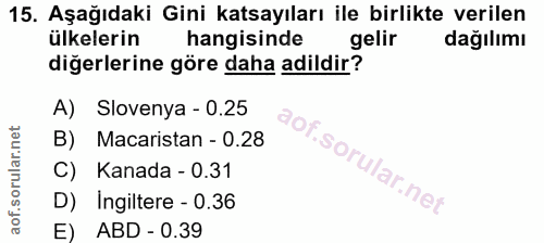 15. soru: Aşağıdaki Gini katsayıları ile birlikte verilen ülkelerin hangisinde gelir dağılımı diğerlerine göre daha adildir? A)…