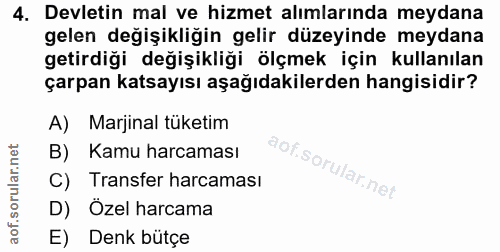 4. soru: Devletin mal ve hizmet alımlarında meydana gelen değişikliğin gelir düzeyinde meydana getirdiği değişikliği ölçmek iç…