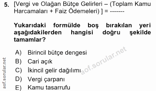 5. soru: [Vergi ve Olağan Bütçe Gelirleri - (Toplam Kamu Harcamaları + Faiz Odemeleri) ] = ------ Yukarıdaki formülde boş bıra…