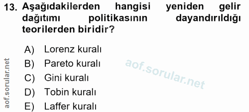 13. soru: Aşağıdakilerden hangisi yeniden gelir dağıtımı politikasının dayandırıldığı teorilerden biridir? A) Lorenz kuralı B)…
