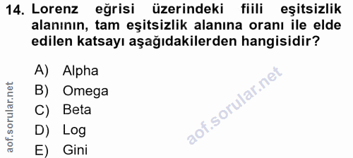 14. soru: Lorenz eğrisi üzerindeki fiili eşitsizlik alanının, tam eşitsizlik alanına oranı ile elde edilen katsayı aşağıdakiler…