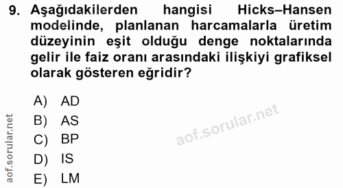 9. soru: Aşağıdakilerden hangisi Hicks-Hansen modelinde, planlanan harcamalarla üretim düzeyinin eşit olduğu denge noktalarınd…