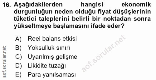 16. soru: Aşağıdakilerden hangisi ekonomik durgunluğun neden olduğu fiyat düşüşlerinin tüketici taleplerini belirli bir noktada…