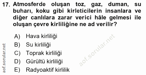 17. soru: Atmosferde oluşan toz, gaz, duman, su buharı, koku gibi kirleticilerin insanlara ve diğer canlılara zarar verici hâle…