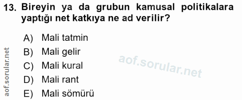 13. soru: Bireyin ya da grubun kamusal politikalara yaptığı net katkıya ne ad verilir? A) Mali tatmin B) Mali gelir C) Mali kur…