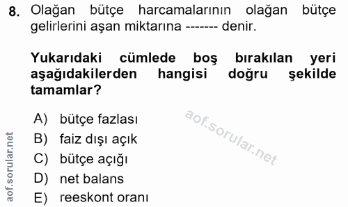 8. soru: Olağan bütçe harcamalarının olağan bütçe gelirlerini aşan miktarına --- denir. Yukarıdaki cümlede boş bırakılan yeri…