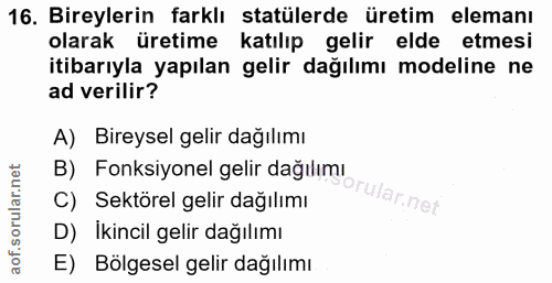 16. soru: Bireylerin farklı statülerde üretim elemanı olarak üretime katılıp gelir elde etmesi itibarıyla yapılan gelir dağılım…