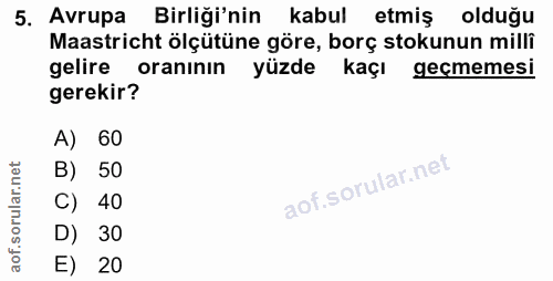 5. soru: Avrupa Birliği'nin kabul etmiş olduğu Maastricht ölçütüne göre, borç stokunun milli gelire oranının yüzde kaçı geçmem…