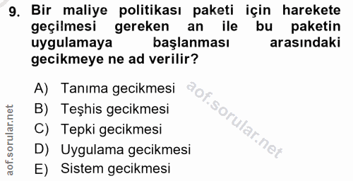 9. soru: Bir maliye politikası paketi için harekete geçilmesi gereken an ile bu paketin uygulamaya başlanması arasındaki gecik…