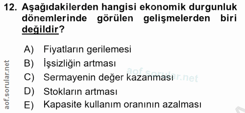 12. soru: Aşağıdakilerden hangisi ekonomik durgunluk dönemlerinde görülen gelişmelerden biri değildir? A) Fiyatların gerilemesi…