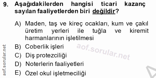 9. soru: Aşağıdakilerden hangisi ticari kazanç sayılan faaliyetlerden biri değildir? A) Maden, taş ve kireç ocakları, kum ve ç…