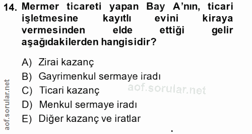 14. soru: Mermer ticareti yapan Bay A'nın, ticari işletmesine kayıtlı evini kiraya vermesinden elde ettiği gelir aşağıdakilerde…