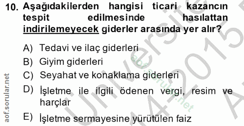 10. soru: Aşağıdakilerden hangisi ticari kazancın tespit edilmesinde hasılattan indirilemeyecek giderler arasında yer alır? A)…