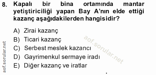 8. soru: Kapalı bir bina ortamında mantar yetiştiriciliği yapan Bay A'nın elde ettiği kazanç aşağıdakilerden hangisidir? A) Zi…