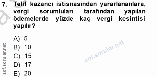 7. soru: Telif kazancı istisnasından yararlananlara, vergi sorumluları tarafindan yapılan ödemelerde yüzde kaç vergi kesintisi…