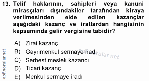 13. soru: Telif haklarının, sahipleri veya kanuni mirasçıları dışındakiler tarafından kiraya verilmesinden elde edilen kazançla…