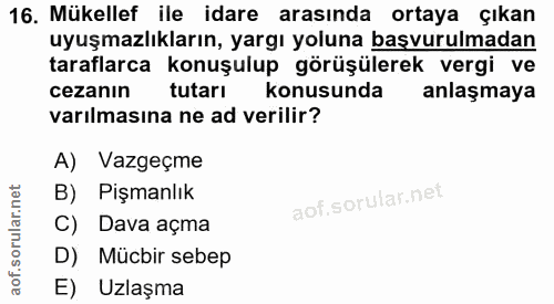 16. soru: Mükellef ile idare arasında ortaya çıkan uyuşmazlıkların, yargı yoluna başvurulmadan taraflarca konuşulup görüşülerek…