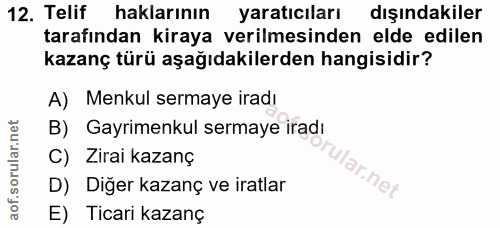 12. soru: Telif haklarının yaratıcıları dışındakiler tarafından kiraya verilmesinden elde edilen kazanç türü aşağıdakilerden ha…