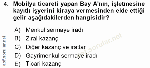 4. soru: Mobilya ticareti yapan Bay A'nın, işletmesine kayıtlı işyerini kiraya vermesinden elde ettiği gelir aşağıdakilerden h…