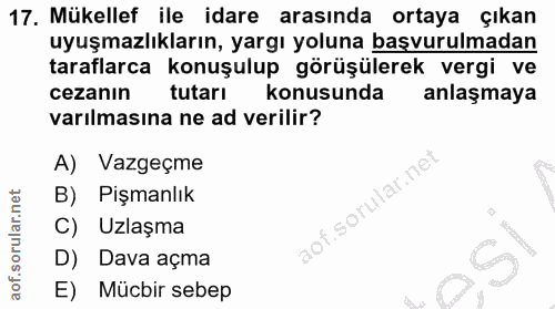 17. soru: Mükellef ile idare arasında ortaya çıkan uyuşmazlıkların, yargı yoluna başvurulmadan taraflarca konuşulup görüşülerek…