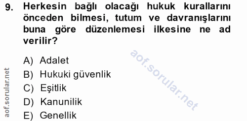 9. soru: Herkesin bağlı olacağı hukuk kurallarını önceden bilmesi, tutum ve davranışlarını buna göre düzenlemesi ilkesine ne a…