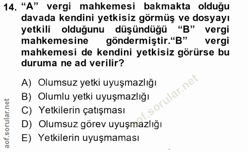 14. soru: "A" vergi mahkemesi bakmakta olduğu davada kendini yetkisiz görmüş ve dosyayı yetkili olduğunu düşündüğü "B" vergi ma…