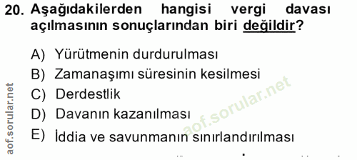 20. soru: Aşağıdakilerden hangisi vergi davası açılmasının sonuçlarından biri değildir? A) Yürütmenin durdurulması B) Zamanaşım…