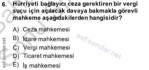 6. soru: Hürriyeti bağlayıcı ceza gerektiren bir vergi suçu için açılacak davaya bakmakla görevli mahkeme aşağıdakilerden hang…