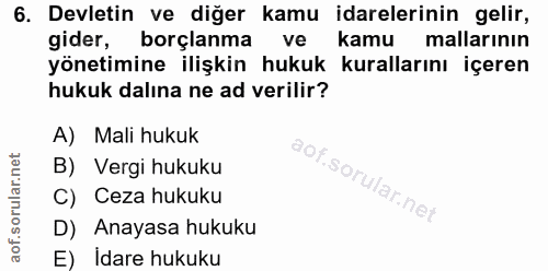 6. soru: Devletin ve diğer kamu idarelerinin gelir, gider, borçlanma ve kamu mallarının yönetimine ilişkin hukuk kurallarını i…