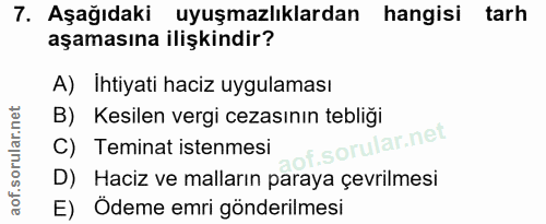 7. soru: Aşağıdaki uyuşmazlıklardan hangisi tarh aşamasına ilişkindir? A) İhtiyati haciz uygulaması B) Kesilen vergi cezasının…