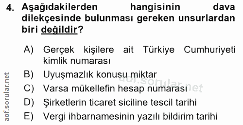 4. soru: Aşağıdakilerden hangisinin dava dilekçesinde bulunması gereken unsurlardan biri değildir? A) Gerçek kişilere ait Türk…