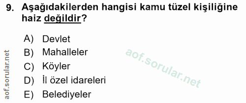 9. soru: Aşağıdakilerden hangisi kamu tüzel kişiliğine haiz değildir? A) Devlet B) Mahalleler C) Köyler D) Il özel idareleri E…