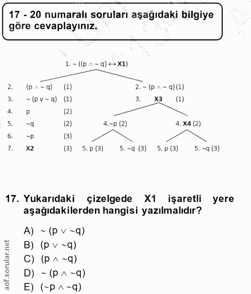 17. soru: 17 - 20 numaralı soruları aşağıdaki bilgiye göre cevaplayınız. 1. ~ ((p ^ ~ q) <› X1) 2. (p^ -q) (1) 2. - (p ^ - q) (…