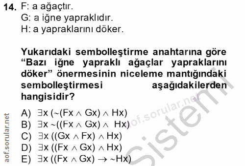 14. soru: F: a ağaçtır. G: a iğne yapraklıdır. H: a yapraklarını döker. Yukarıdaki sembolleştirme anahtarına göre "Bazı iğne ya…