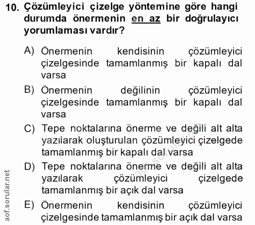 10. soru: Çözümleyici çizelge yöntemine göre hangi durumda önermenin en az bir doğrulayıcı yorumlaması vardır? A) Önermenin ken…