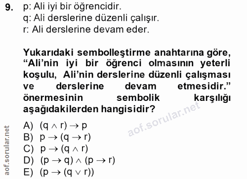 9. soru: p: Ali iyi bir öğrencidir. q: Ali derslerine düzenli çalışır. r: Ali derslerine devam eder. Yukarıdaki sembolleştirme…