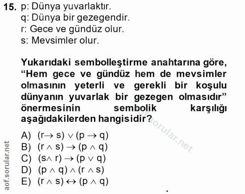 15. soru: p: Dünya yuvarlaktır. q: Dünya bir gezegendir. r: Gece ve gündüz olur. s: Mevsimler olur. Yukarıdaki sembolleştirme a…