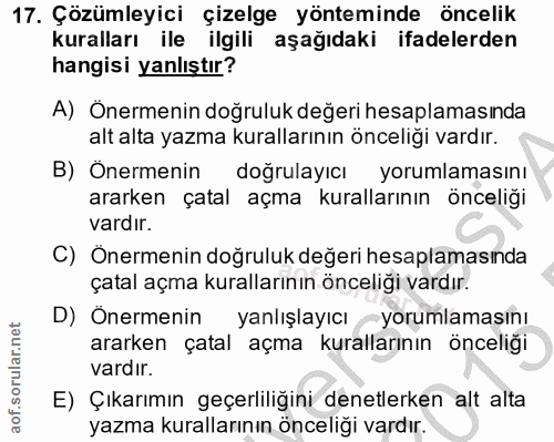 17. soru: Çözümleyici çizelge yönteminde öncelik kuralları ile ilgili aşağıdaki ifadelerden hangisi yanlıştır? A) Önermenin doğ…