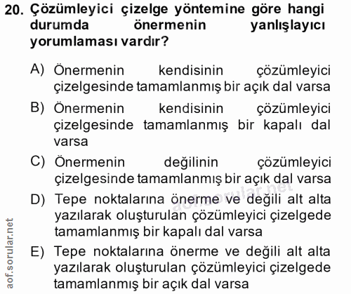20. soru: Çözümleyici çizelge yöntemine göre hangi durumda önermenin yanlışlayıcı yorumlaması vardır? A) Önermenin kendisinin ç…