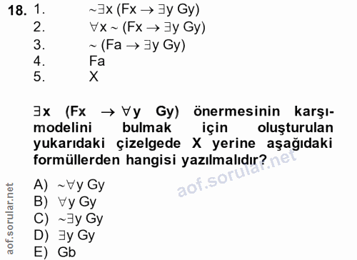 18. soru: 1. ~3x (Fx → İy Gy) 2. VX~ (Fx → 3y Gy) 3. ~ (Fa → 3y Gy) 4. Fa 5. 3x (Fx → Vy Gy) önermesinin karşı- modelini bulmak…