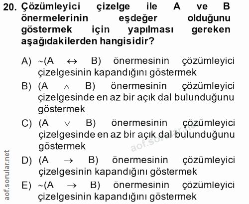20. soru: Çözümleyici çizelge ile A ve B önermelerinin eşdeger olduğunu göstermek için yapılması gereken aşağıdakilerden hangis…