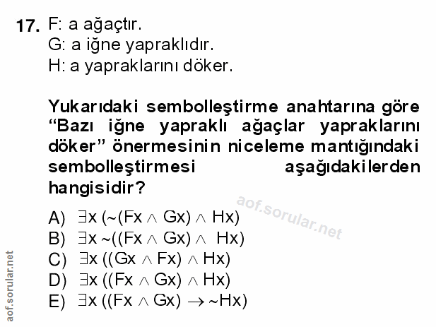 17. soru: F: a agaçtır. G: a igne yapraklıdır. H: a yapraklarını doker. Yukarıdaki sembolleştirme anahtarına göre "Bazı iğne ya…