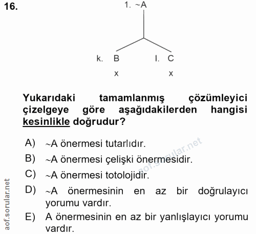 16. soru: 1. ~A B 1. C Yukarıdaki tamamlanmış çözümleyici çizelgeye göre aşağıdakilerden hangisi kesinlikle doğrudur? A) ~A öne…