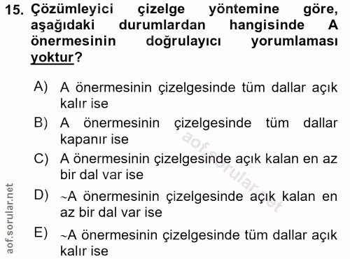 15. soru: Çözümleyici çizelge yöntemine göre, aşağıdaki durumlardan hangisinde önermesinin doğrulayıcı yorumlaması yoktur? A) A…