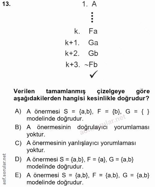 13. soru: 1. A k. Fa k+1. Ga k+2. Gb k+3. ~Fb Verilen tamamlanmış çizelgeye göre aşağıdakilerden hangisi kesinlikle doğrudur? A…