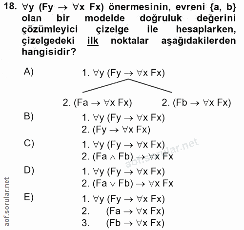 18. soru: Vy (Fy → Vx Fx) önermesinin, evreni {a, b} olan bir modelde doğruluk değerini çözümleyici çizelge ile hesaplarken, çi…