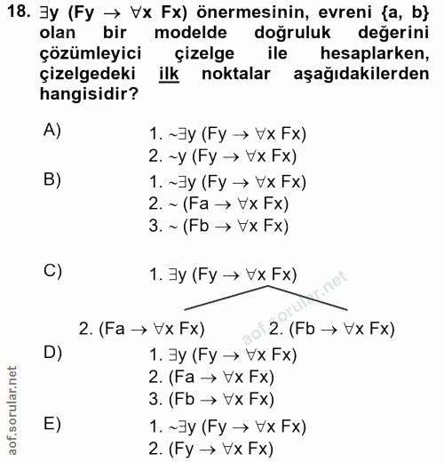 18. soru: Jy (Fy → Vx Fx) önermesinin, evreni {a, b} olan bir modelde doğruluk değerini çözümleyici çizelge ile hesaplarken, çi…