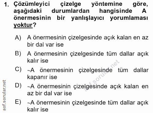 1. soru: Çözümleyici çizelge yöntemine göre, aşağıdaki durumlardan hangisinde A önermesinin bir yanlışlayıcı yorumlaması yoktu…