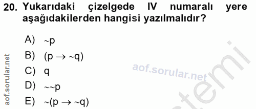 20. soru: Yukarıdaki çizelgede IV numaralı yere aşağıdakilerden hangisi yazılmalıdır? A) ~p B) (p → ~q) C) q D) ~~p E) ~(p →~q)