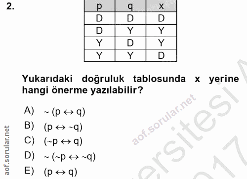 2. soru: D D D D Y Y D Y Y Y D Yukarıdaki doğruluk tablosunda x yerıne hangi önerme yazılabilir? A) ~ (p <> q) B) (p <>~q) 'si…